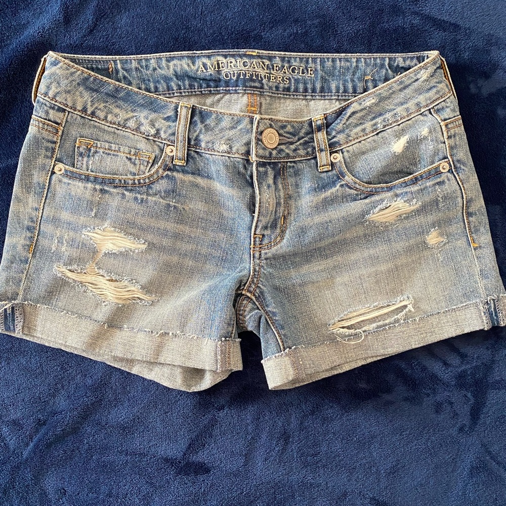 American Eagle Distressed Denim Midi Shorts